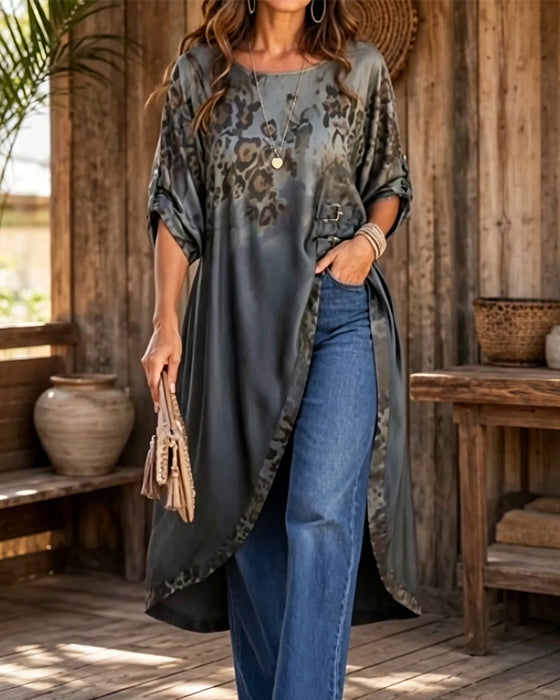 Bluse Rund Hals Leopard Trykk Gradert Asymmetrisk
