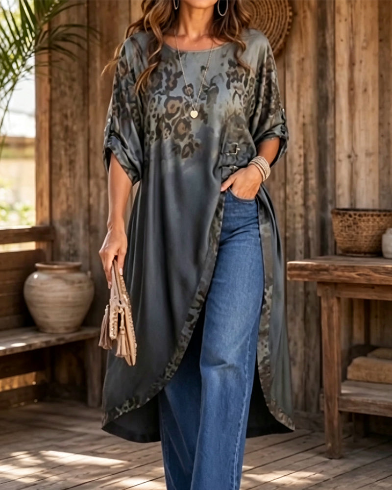 Bluse Rund Hals Leopard Trykk Gradert Asymmetrisk