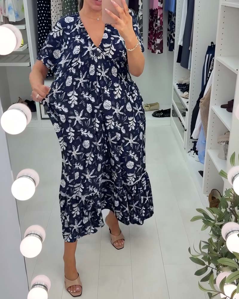 Kjole V-hals Løs Trykt Lang