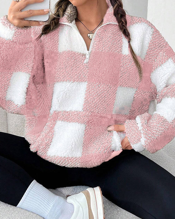 Sweatshirt Halv-Zip Ståkrage Rutemønster
