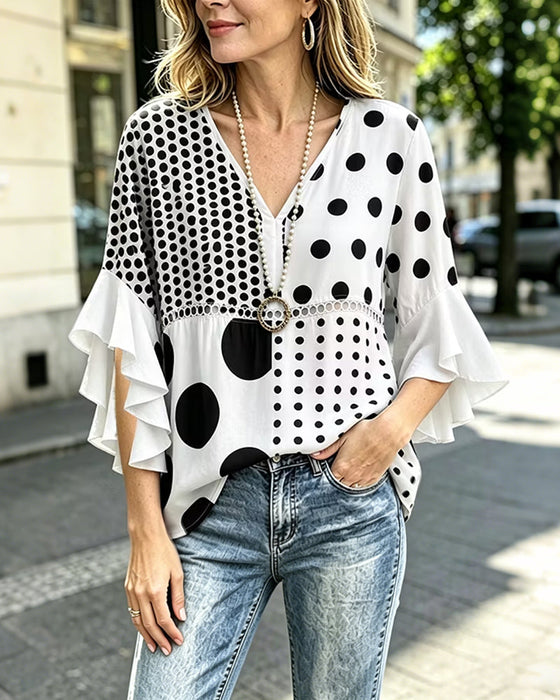 Bluse Blandet Prikket Patchwork Ruffle