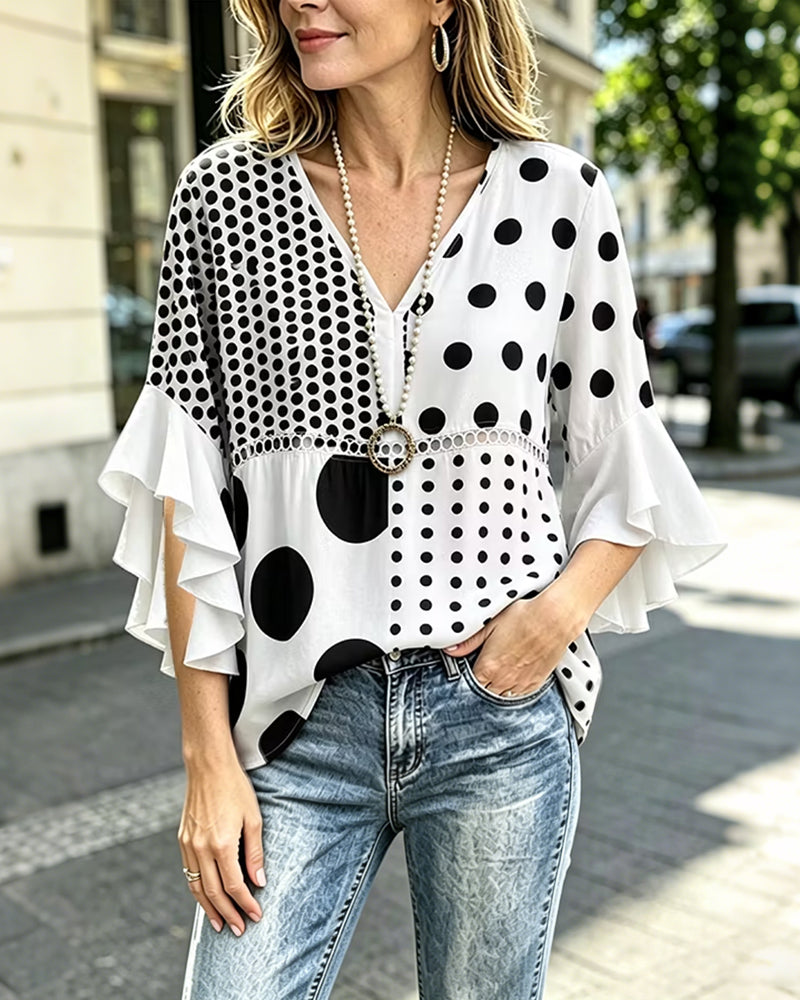 Bluse Blandet Prikket Patchwork Ruffle