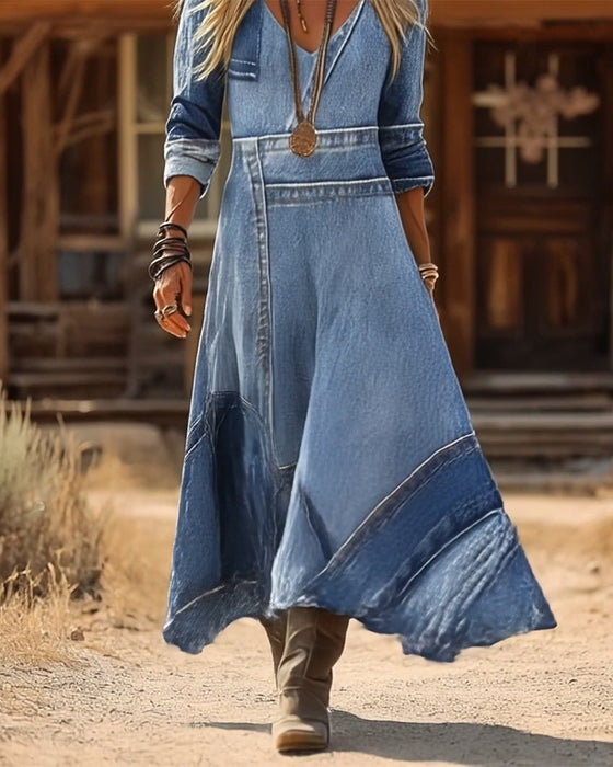 Kjole retro med v-hals og lange ermer, trykk