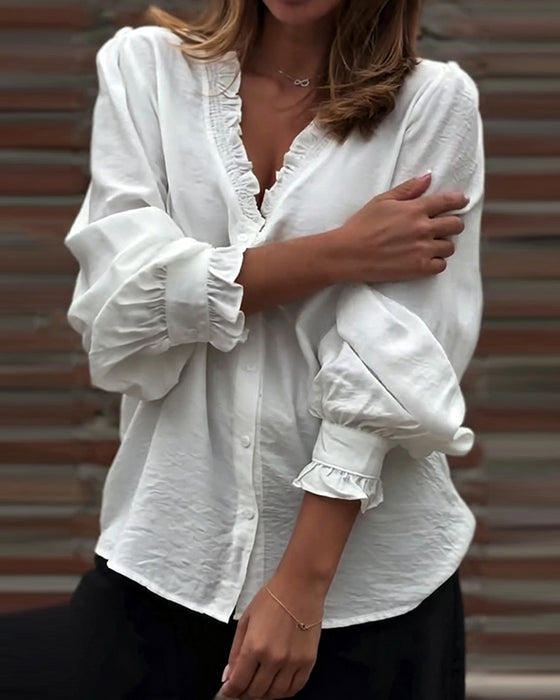 Bluse V-Hals Knapp Foran Ruffle Puffererme