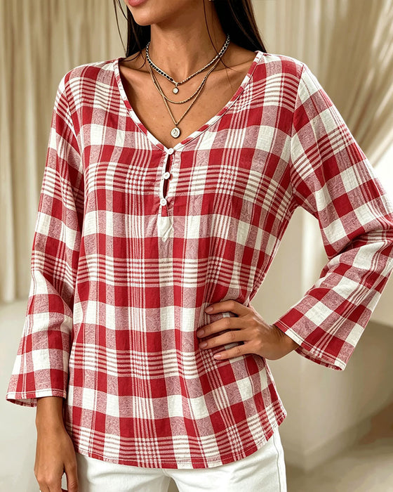 Bluse Stilig V-Hals Rutete Albuelang Erme