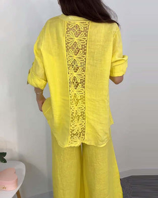 Ensfarget knapplomme blondebluse buksesett med brede ben