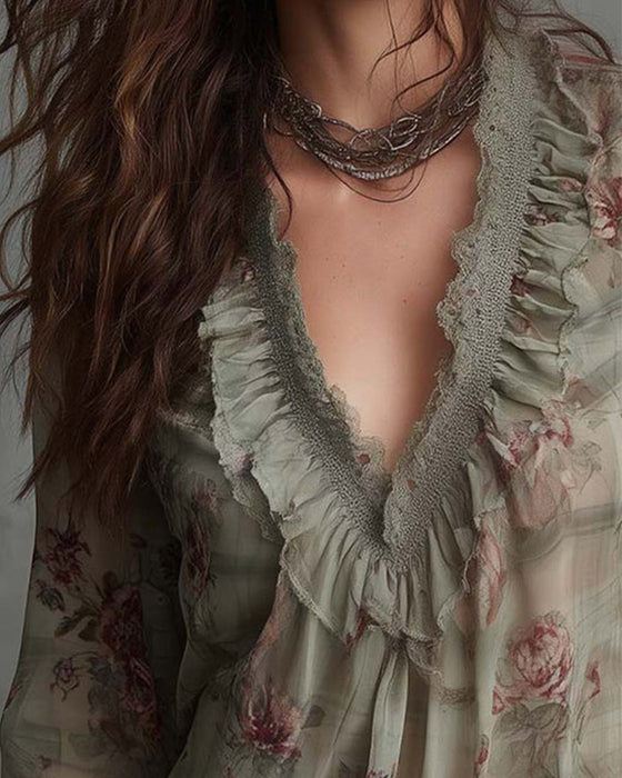 Bluse Blomstret V-Hals Rysjet