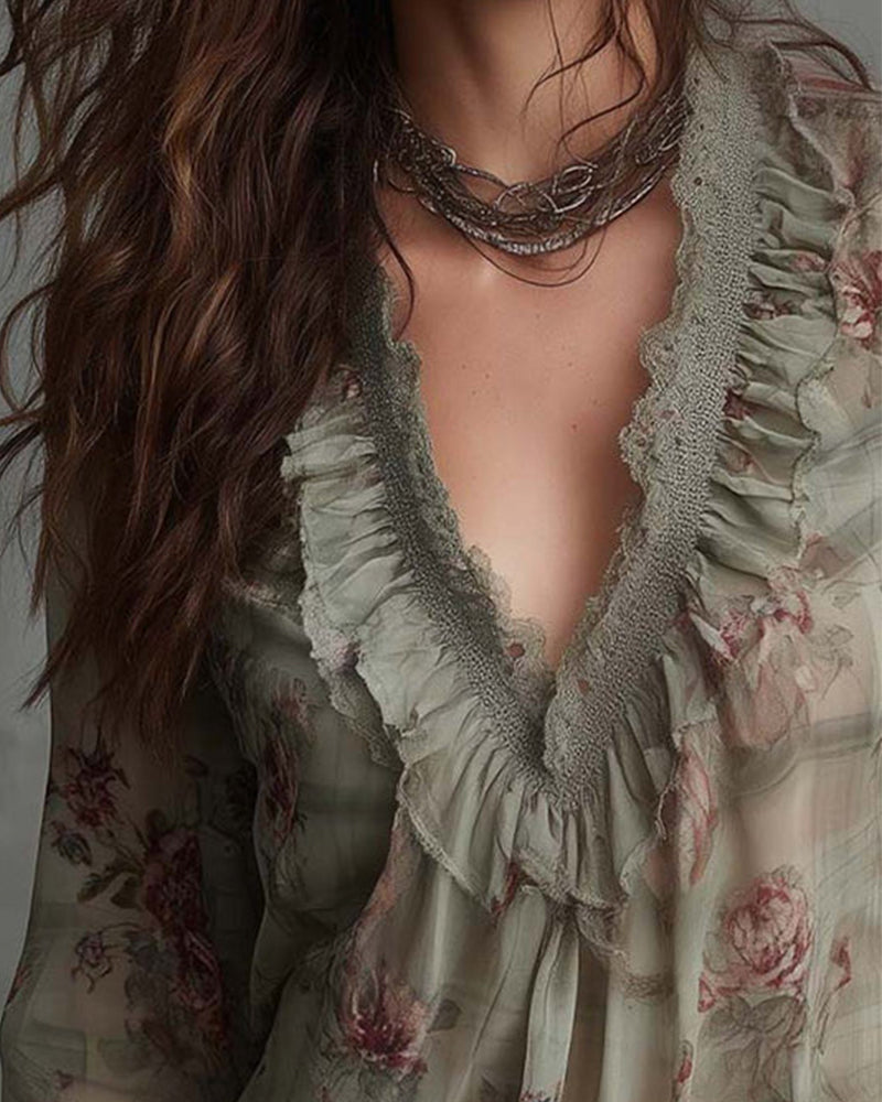 Bluse Blomstret V-Hals Rysjet