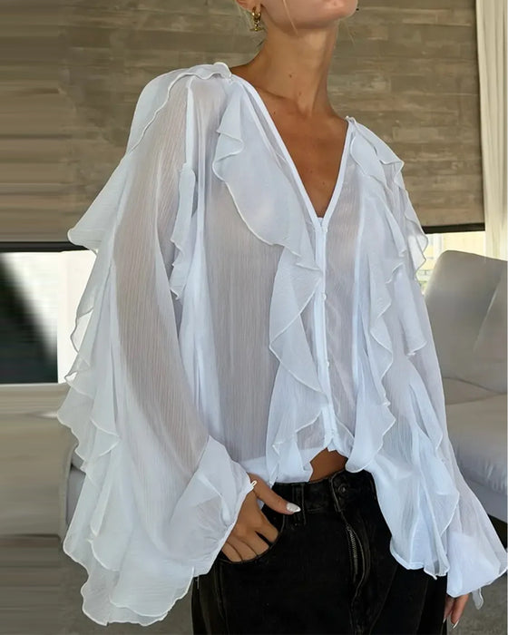 Bluse V-Hals Ruffle Løs
