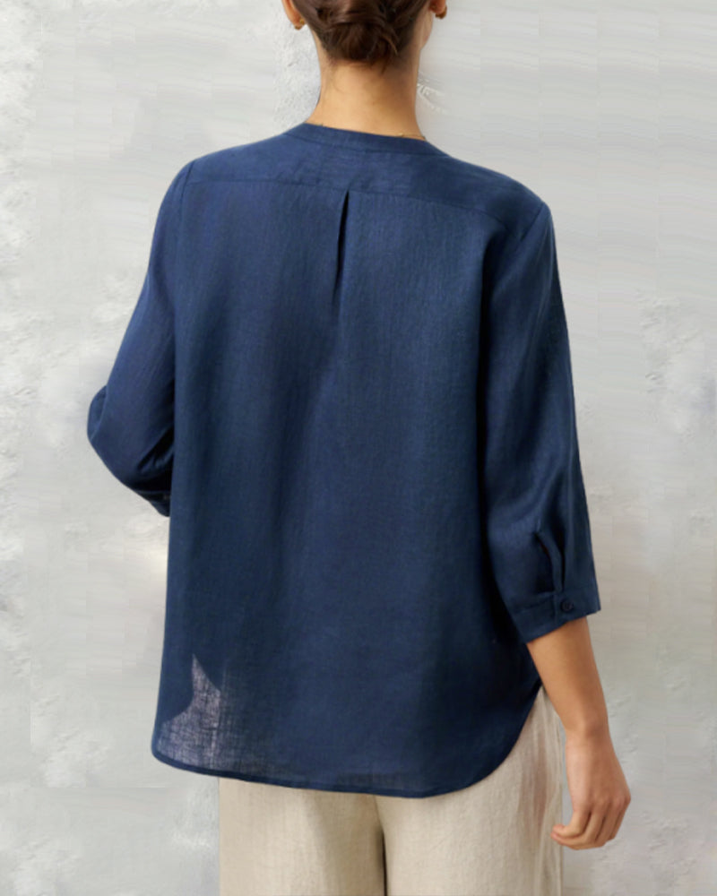 Skjorte Trefjerdedels Erme Bomull Lin Knappet