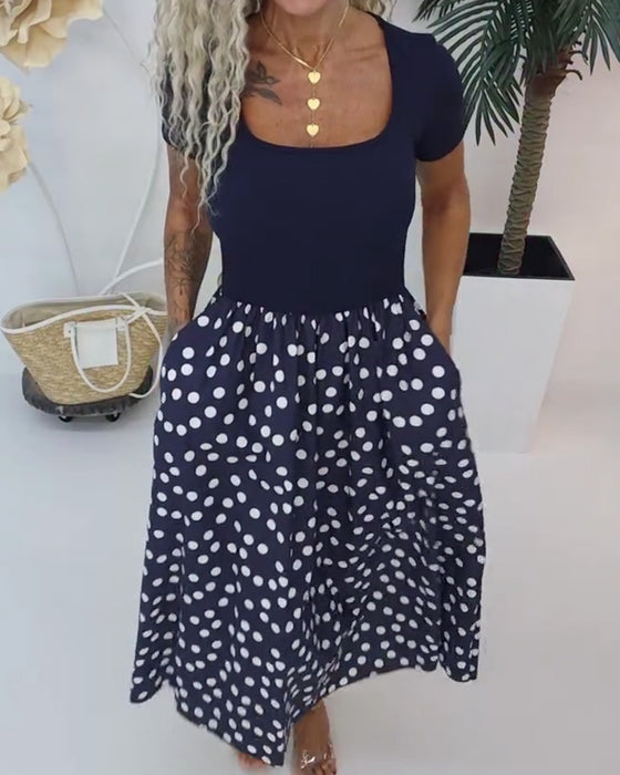 Kjole Firkantet Hals Polka Dot Patchwork