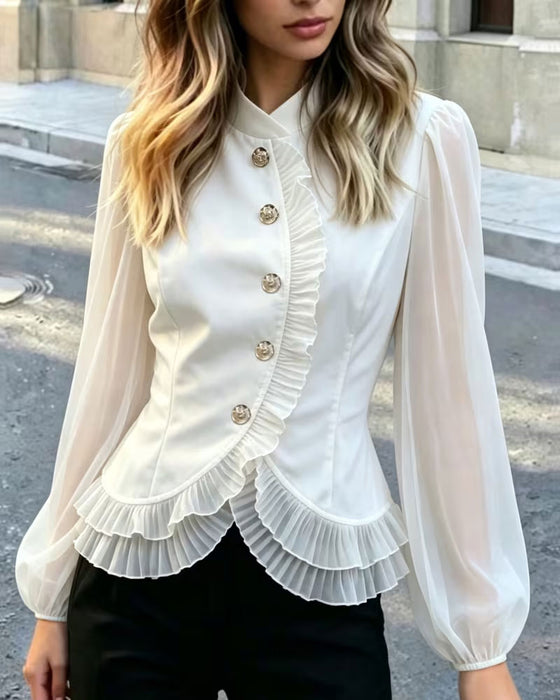Bluse Mini Mandarin Krage Sheer Ruffle