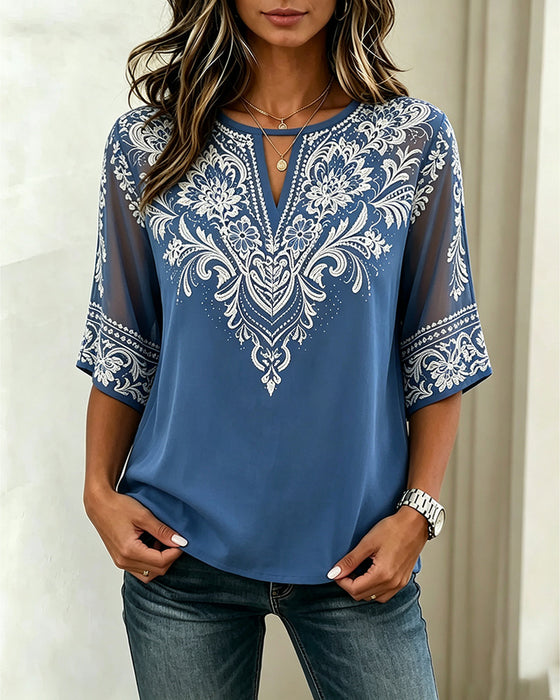 Bluse V-Hals Sheer Etnisk Trykk