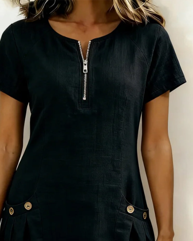 Kjole Glidelås Lomme Bomull Lin