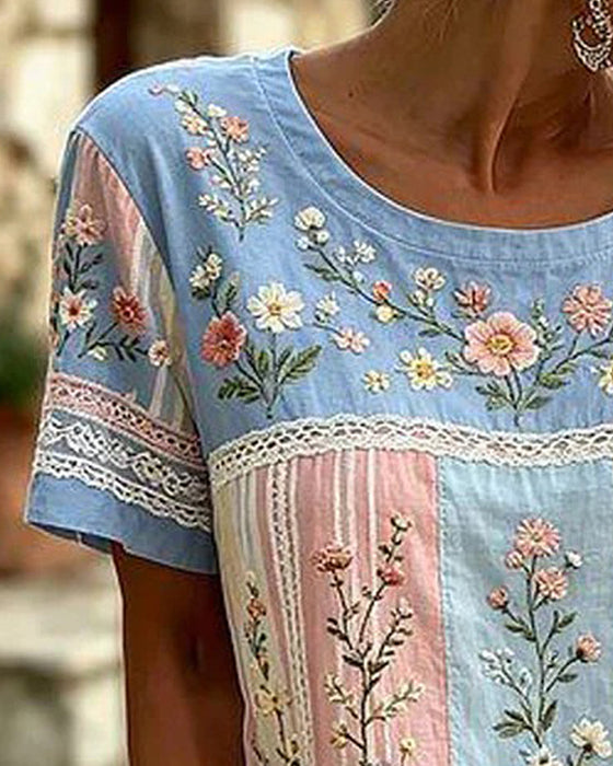 Bluse Rundhals Lappverk Blomstret