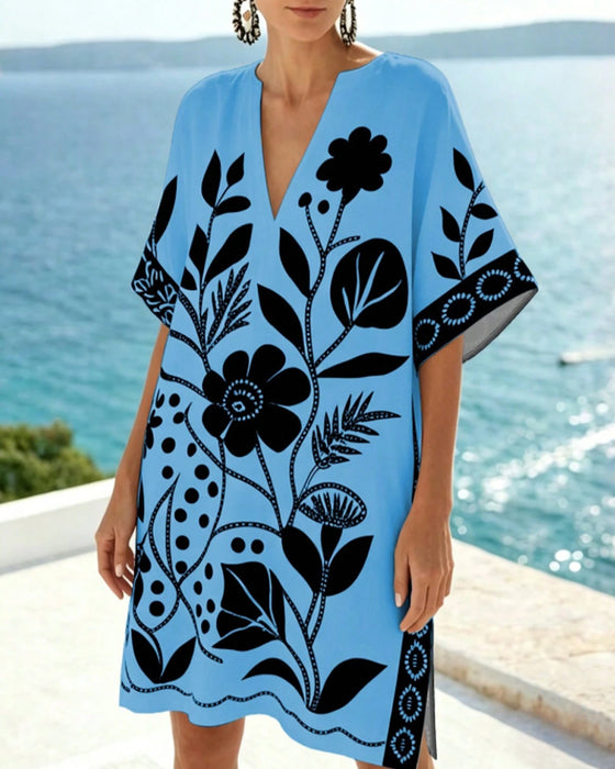 Kjole Floral Print V Hals Slit