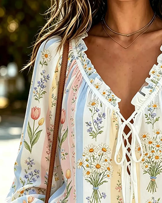Bluse Fargeblokk Blomstret Knyting V-Hals