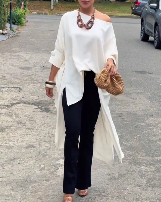 Bluse Asymmetrisk Hals Uregelmessig Splitt Albuelang Erme