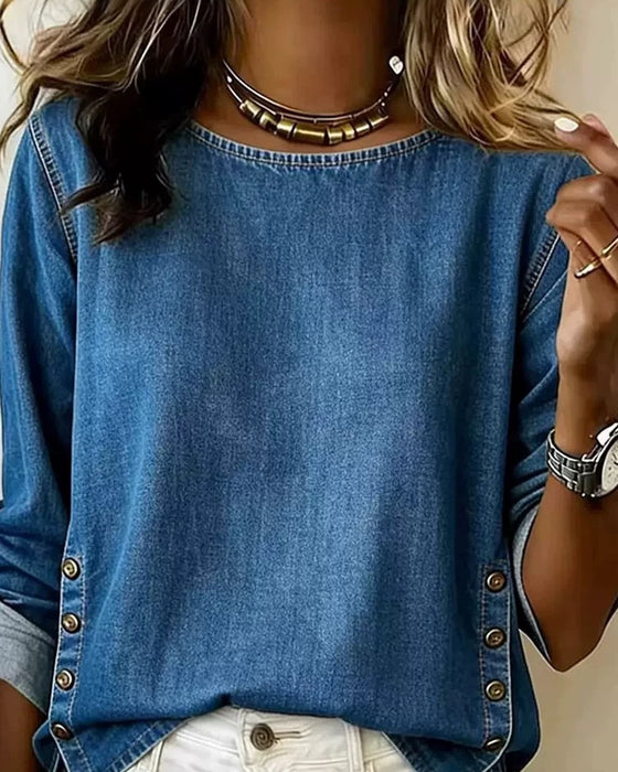 Bluse Rund Hals Sidesplit Knapp