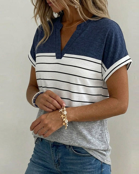 T-Shirt V-Hals Kontrast Stripe