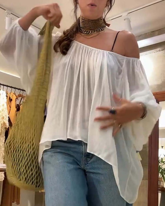Bluse Puff Lanterne Erme Rynket Rund Hals