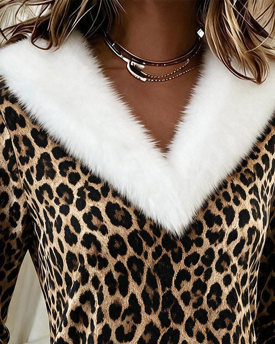 Topp V-Hals Pels Krage Leopard