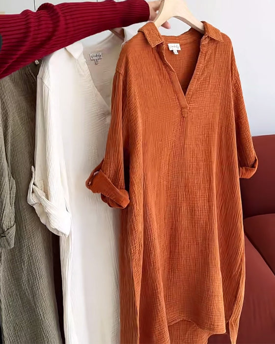 Kjole Langermet Ensfarget Enkel Krage