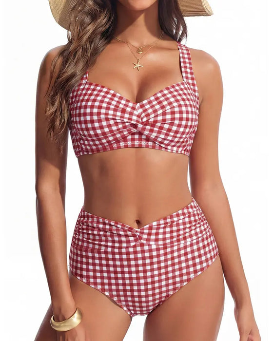 Bikini Rutete Høy Midje Knute