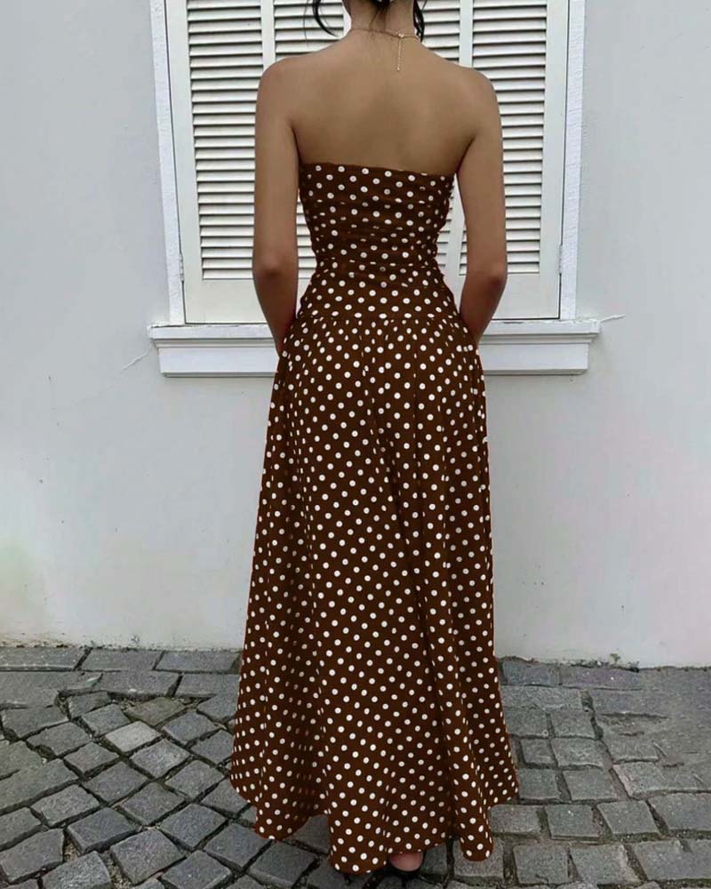 Kjole Prikket Bandeau A-Linje Lang