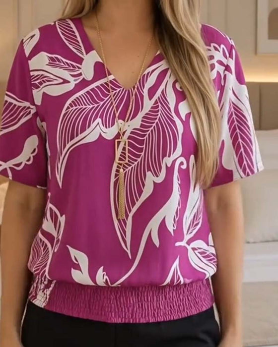 Bluse Blomstertrykk Strikk Kant Kortermet