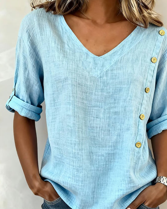 Bluse Bomull Knappdetalj V-hals