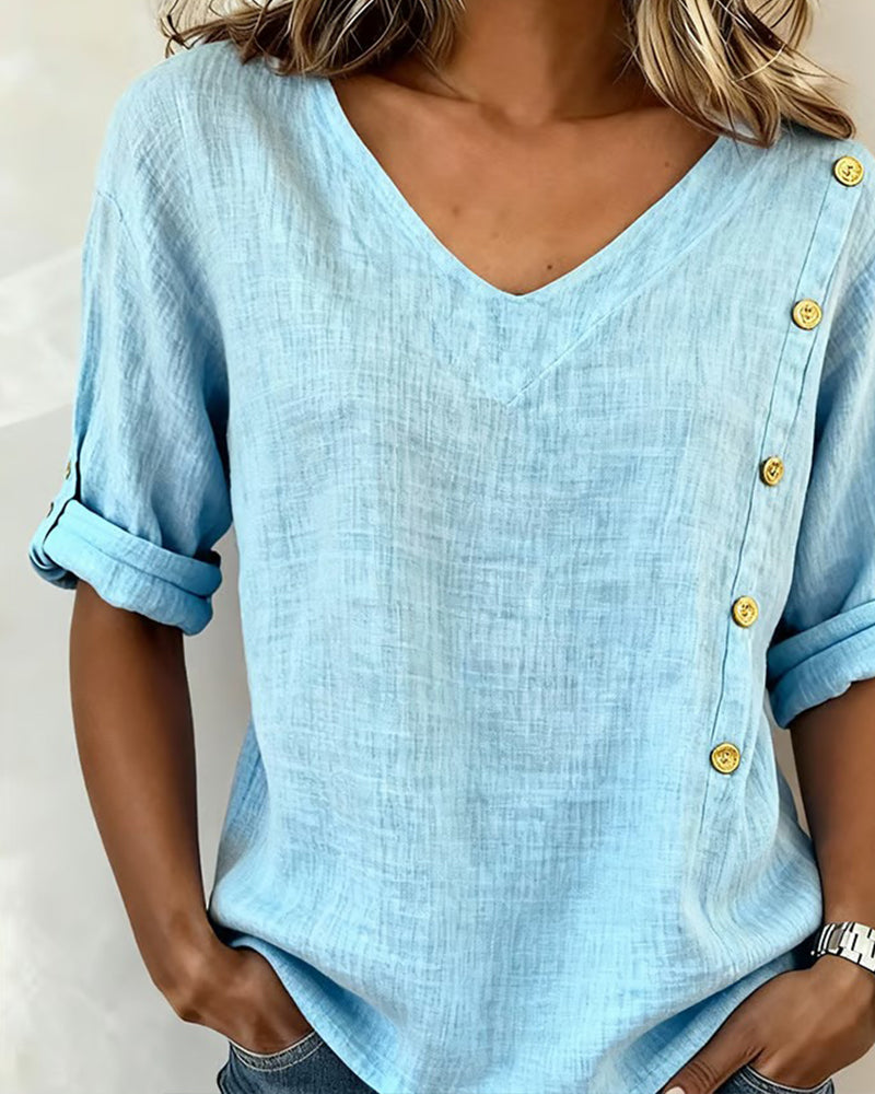 Bluse Bomull Knappdetalj V-hals