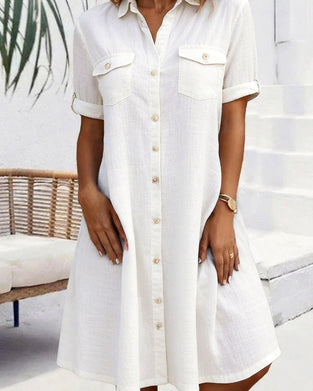 Kjole Nedbrett Bomull-lin Knappefront Skjortestil
