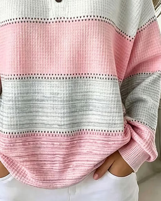 Sweatshirt Fargeblokk Rund Hals Knapp Vaffel