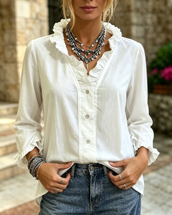 Bluse Ruffle Trim Knapp Solid Lang Erme