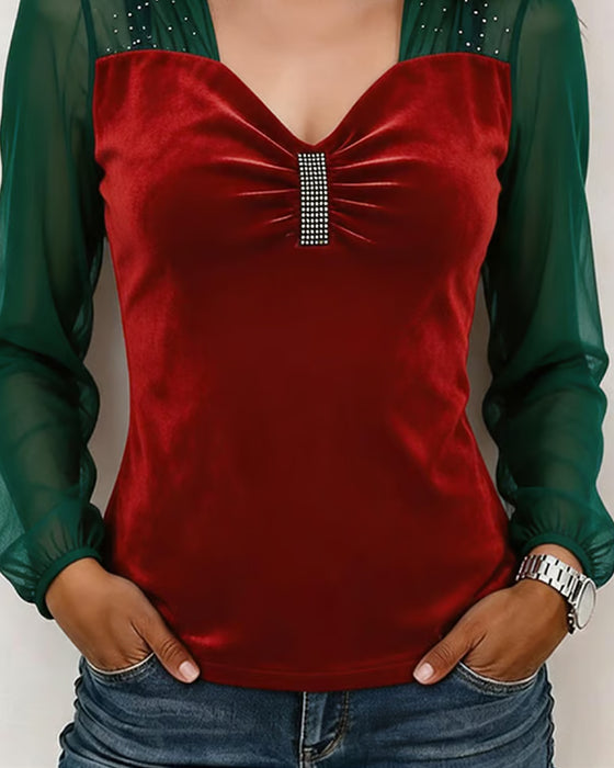Bluse V-Hals Rynket Nett Fargeblokk Slim Passform
