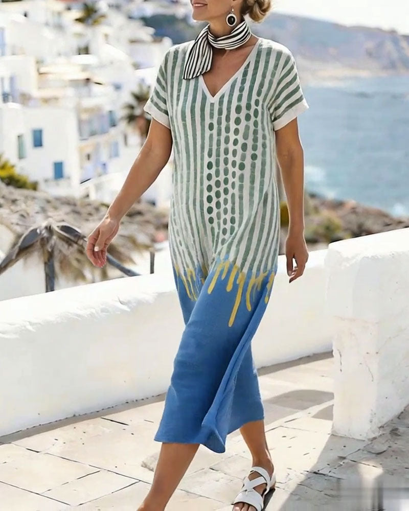 Kjole V-Hals Prikket Stripet Kontrastfarge