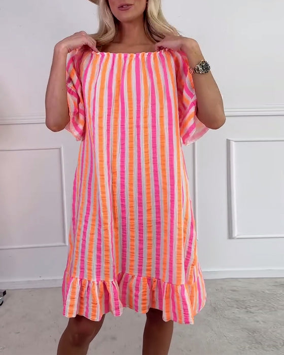 Kjole Rund Hals Stripete Plissért Skiftmodell