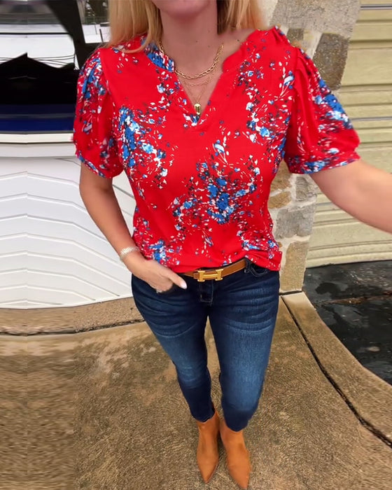 T-Skjorte V-hals Blomstermønster Kortermet