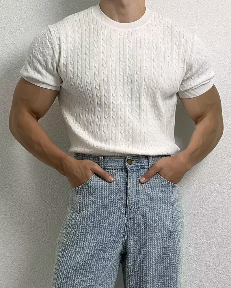 Topp Herre Ensfarget Flettestrikk Rund Hals, Slim Avslappet Vår Sommer Strikkeplagg