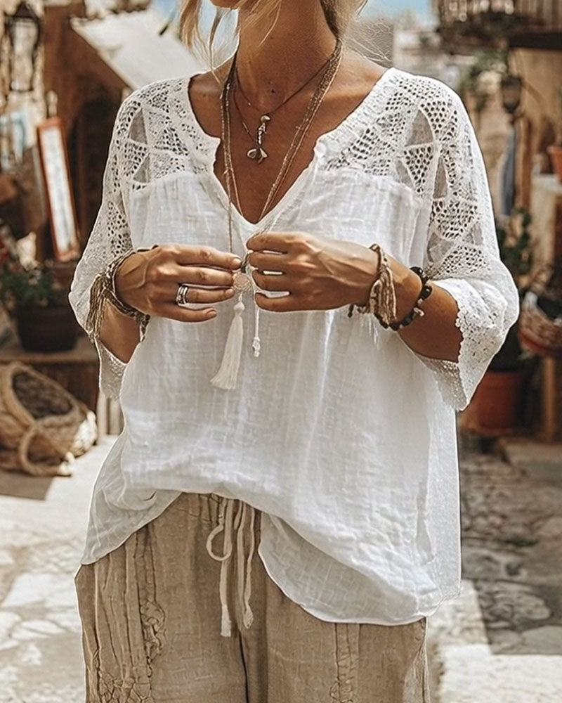 Bluse Ensfarget Panel V-Hals