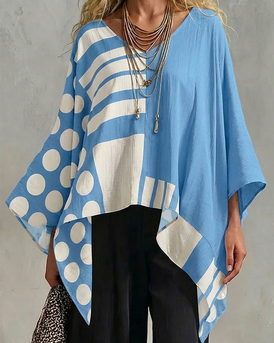 Bluse Polka Dot Stripe Patchwork V Hals