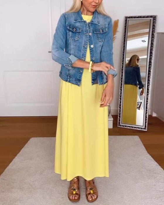 Kjole Casual Rund Hals Ensfarget Rett