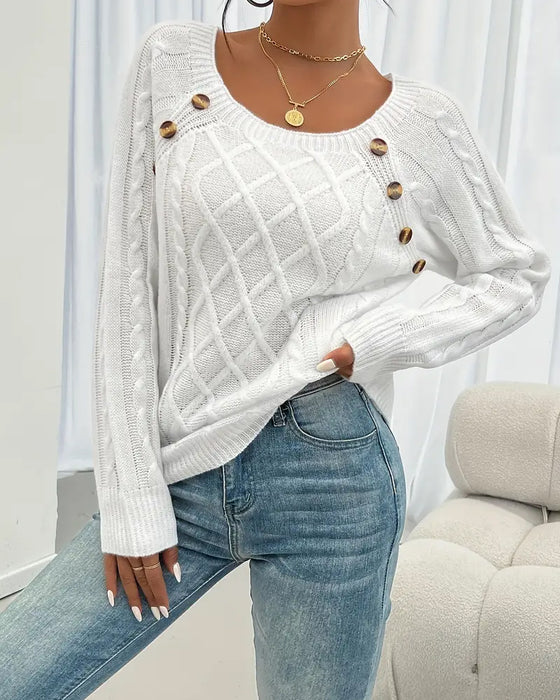 Genser Ensfarget Raglanermer Spenne Kabelstrikk