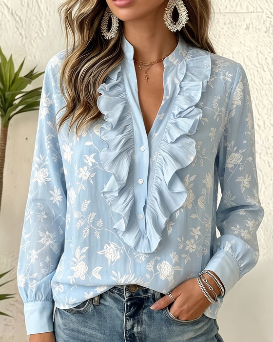 Bluse Knapp Foran Ruffle V-Hals Puffererme