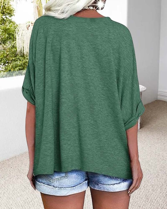 T-Skjorte V-Utringning Rullet Kant Korteermet Løs