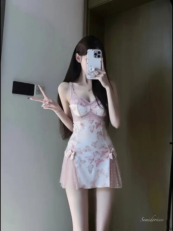 Dame Slim Fit Nattkjole Med Lav V-Hals Snøring Sommerfuglprint Topp Og Ryggløs Lounge-Sett