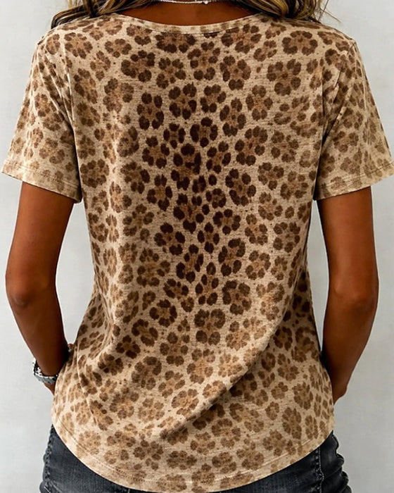 T-Skjorte V-Hals Leopard Trykk Gradient Kortermet