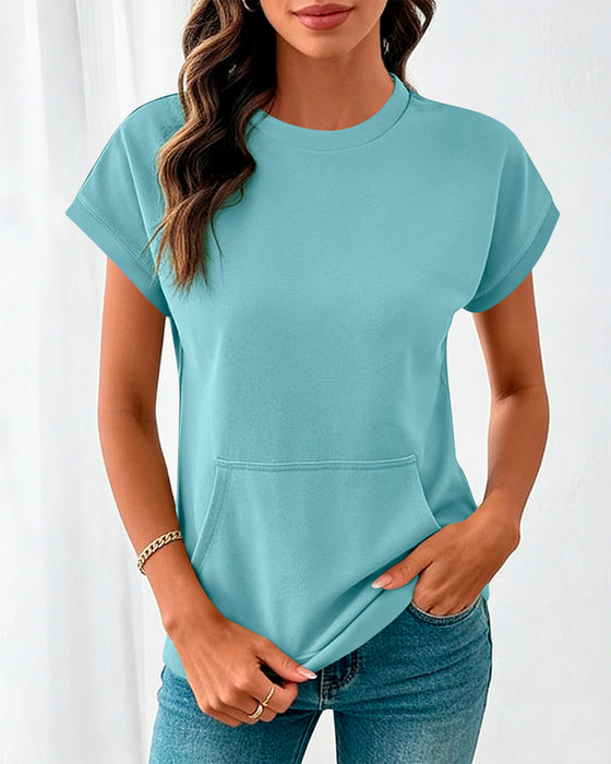 Bluse Forlomme Ensfarget Rund Hals