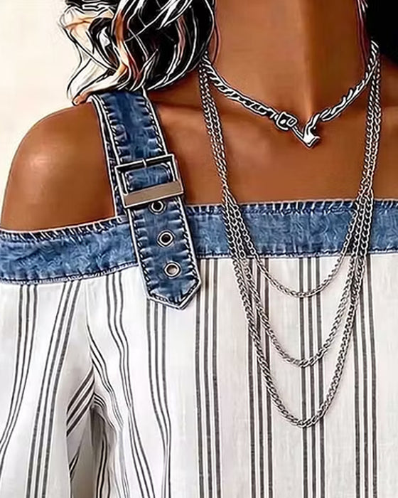 Bluse Denim Off-Skulder Stripe Panel